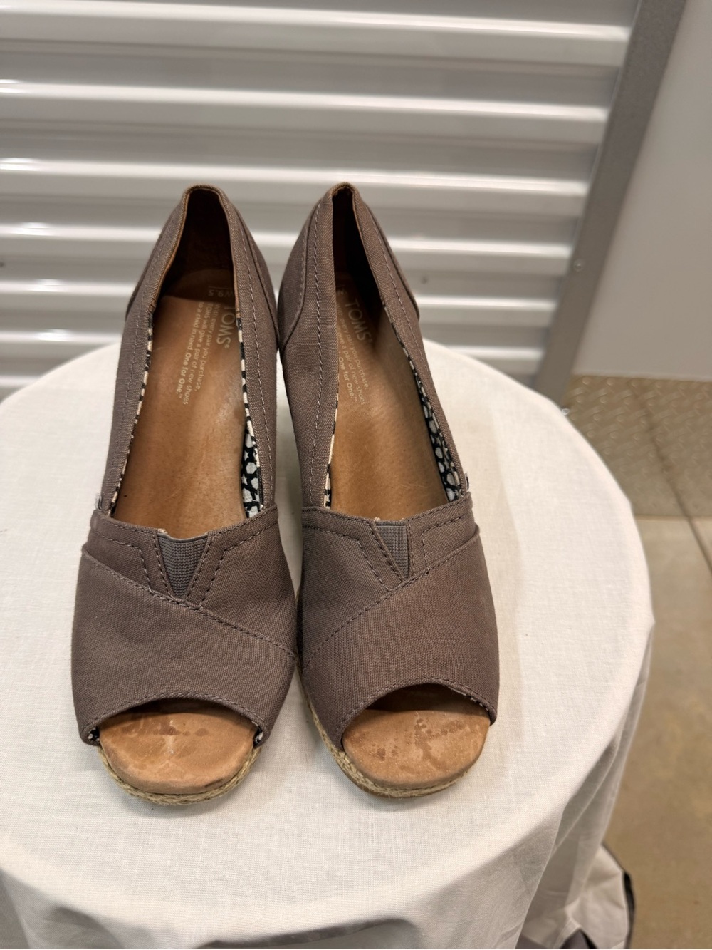 Toms Brown Canvas Open-Toe Espadrille Wedges
